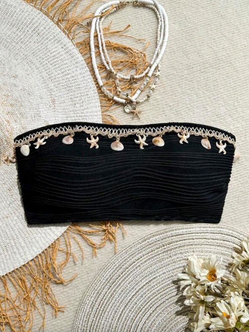 Swim Vcay Textured Solid Color Shell Decor Bandeau Bikini Top, L (8-10), Black